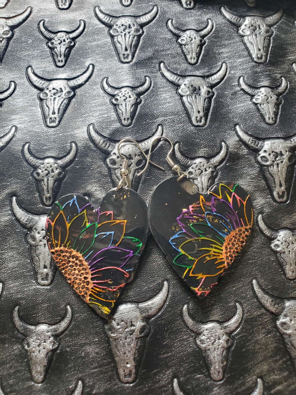 Hand-Painted Rainbow Sunflower Heart Earrings